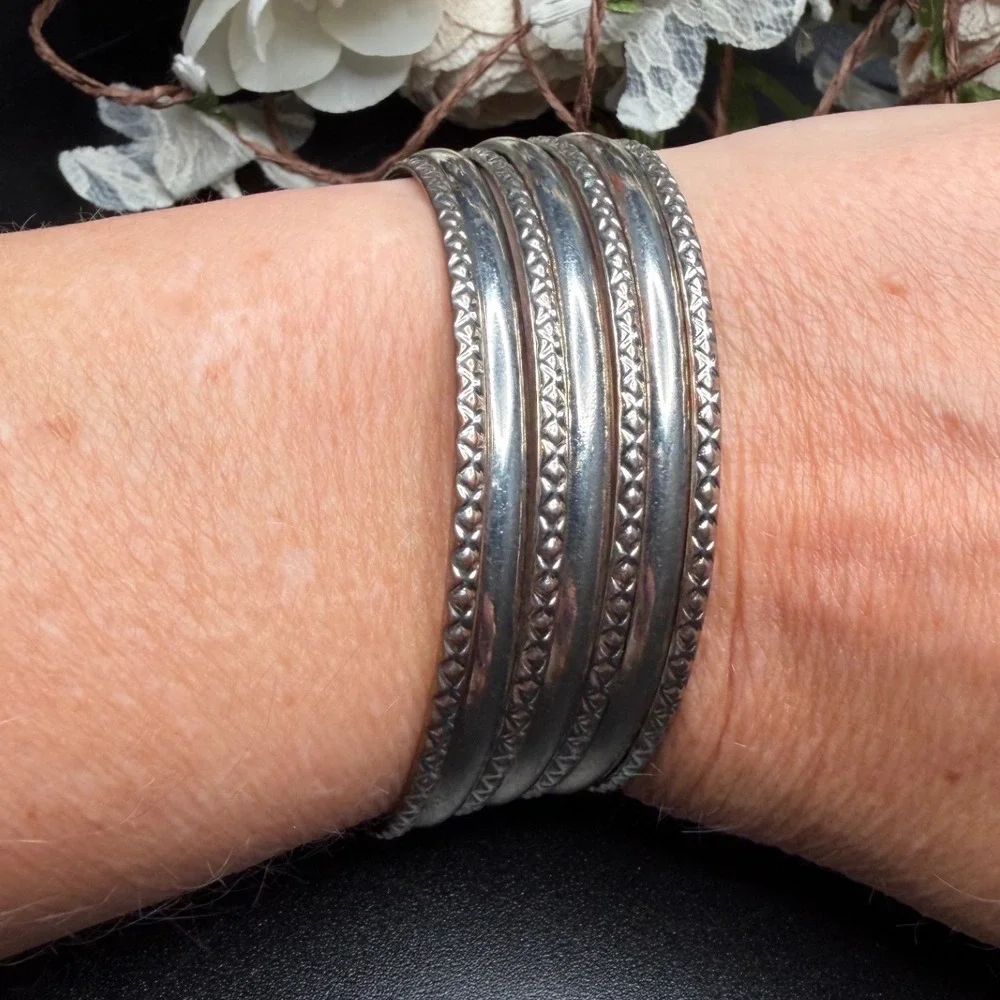 Silver Tone Multi Band Cuff Bracelet Stacked Look Boho Industrial Adjustable
